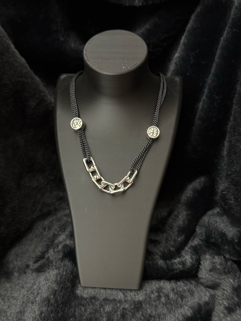 Black Braided Cord Chain Necklace with Silver Link & Round Metal Details